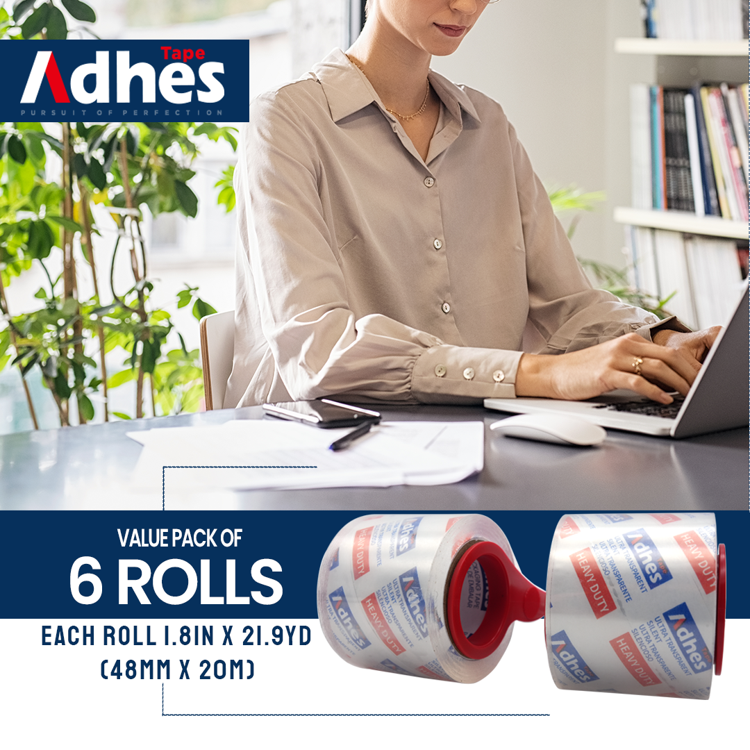 ADHES No Noise Clear Packing Tape with Dispenser 1.88 Inch x 22 Yards