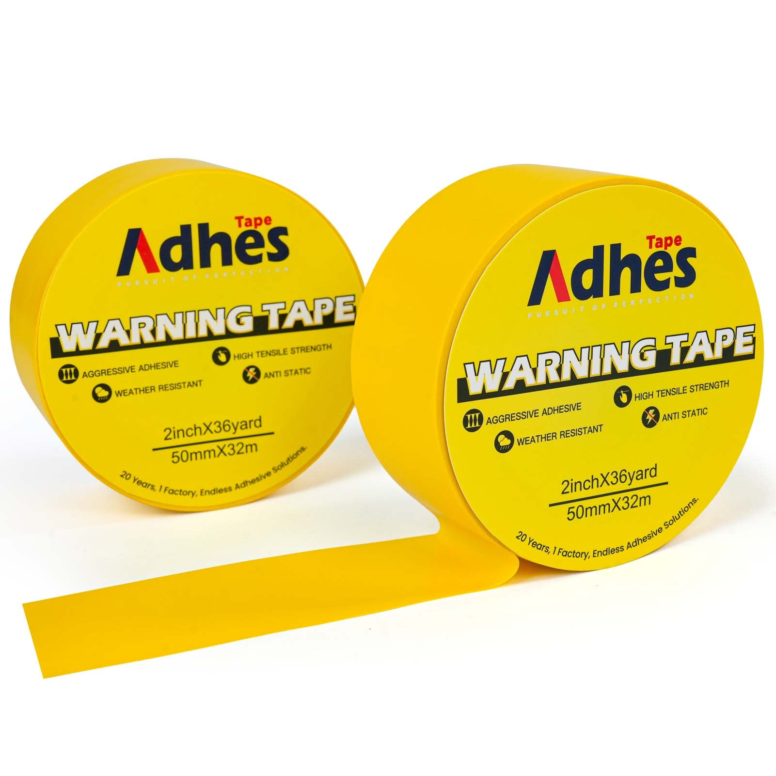 ADHES Yellow Hazard Warning Safety Tape, 2 Inch x 35 Yards x 2 Rolls High Visibility Wear Resistant Floor Marking Caution Tape for Indoor & Outdoor, Gym, Factory, Parking, School and More