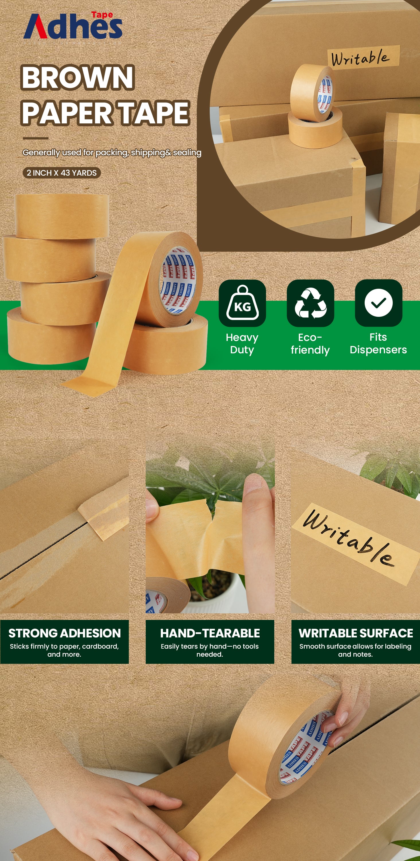 ADHES Kraft Paper Tape,  Writable & Uncoated Heavy Duty Paper Tape, Biodegradable Brown Packing Tape for Sealing, Packaging & Moving