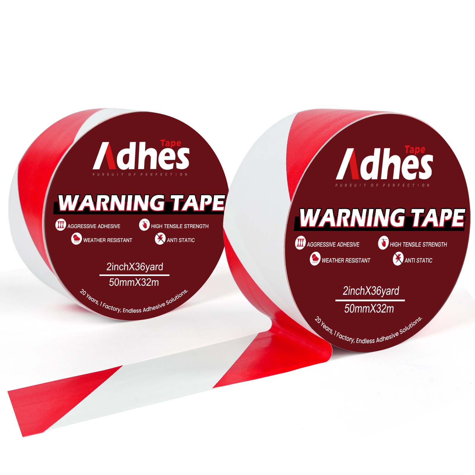 ADHES Hazard Tape Safety Warning Red White Stripe PVC Self Adhesive Caution Tape, for Floor Marking, Walls, Pipes and Equipment Marking, 2 Inch X 54 Feet,36ROLLS