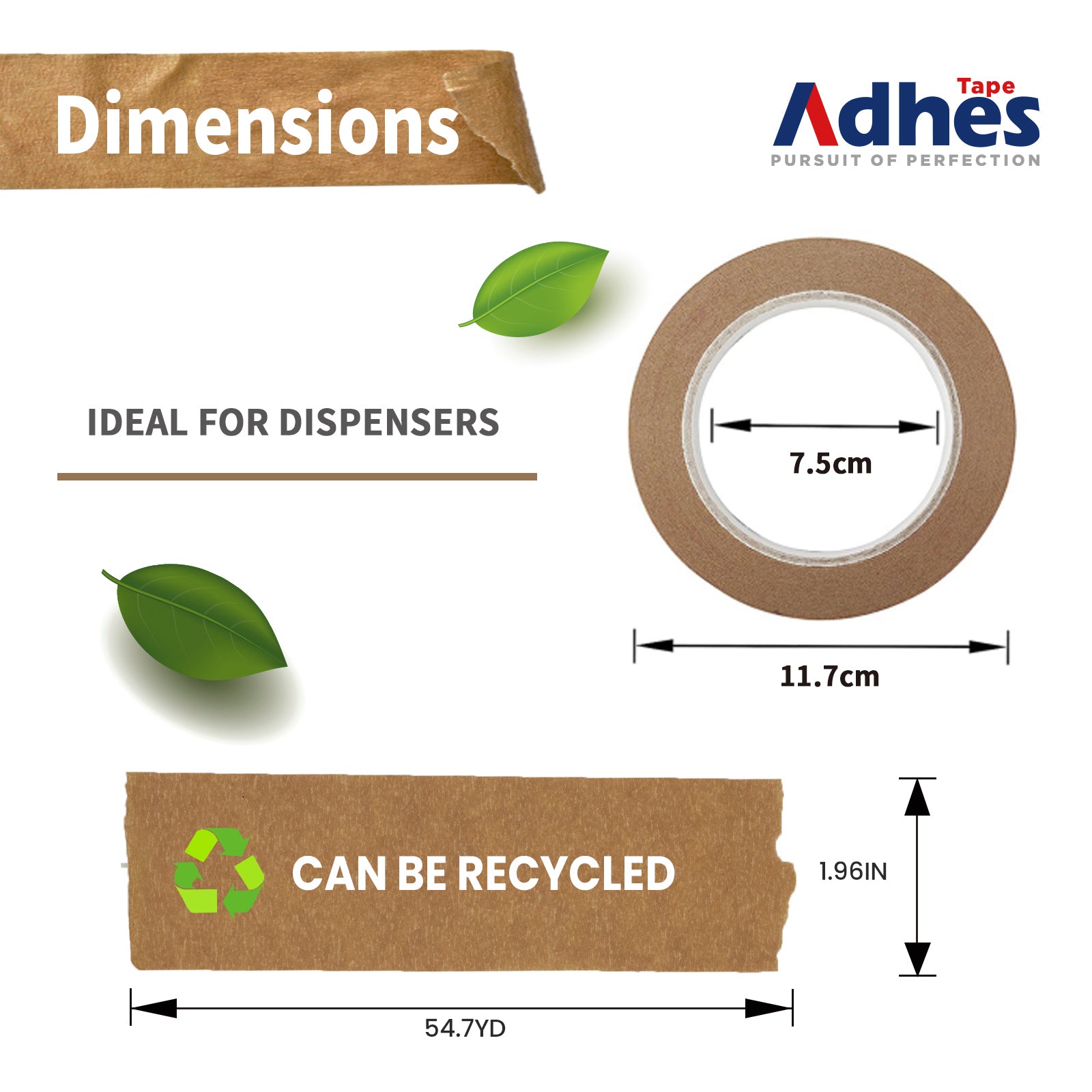 ADHES Biodegradable Kraft Paper Tape 2 inch x 55 Yards Dimensions