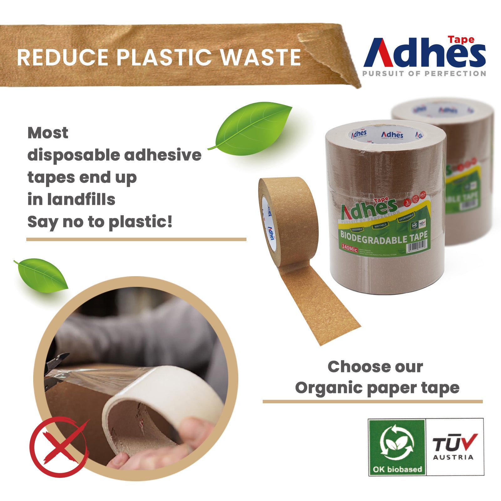 ADHES Biodegradable Kraft Paper Tape 2 inch x 55 Yards Reduce Waste