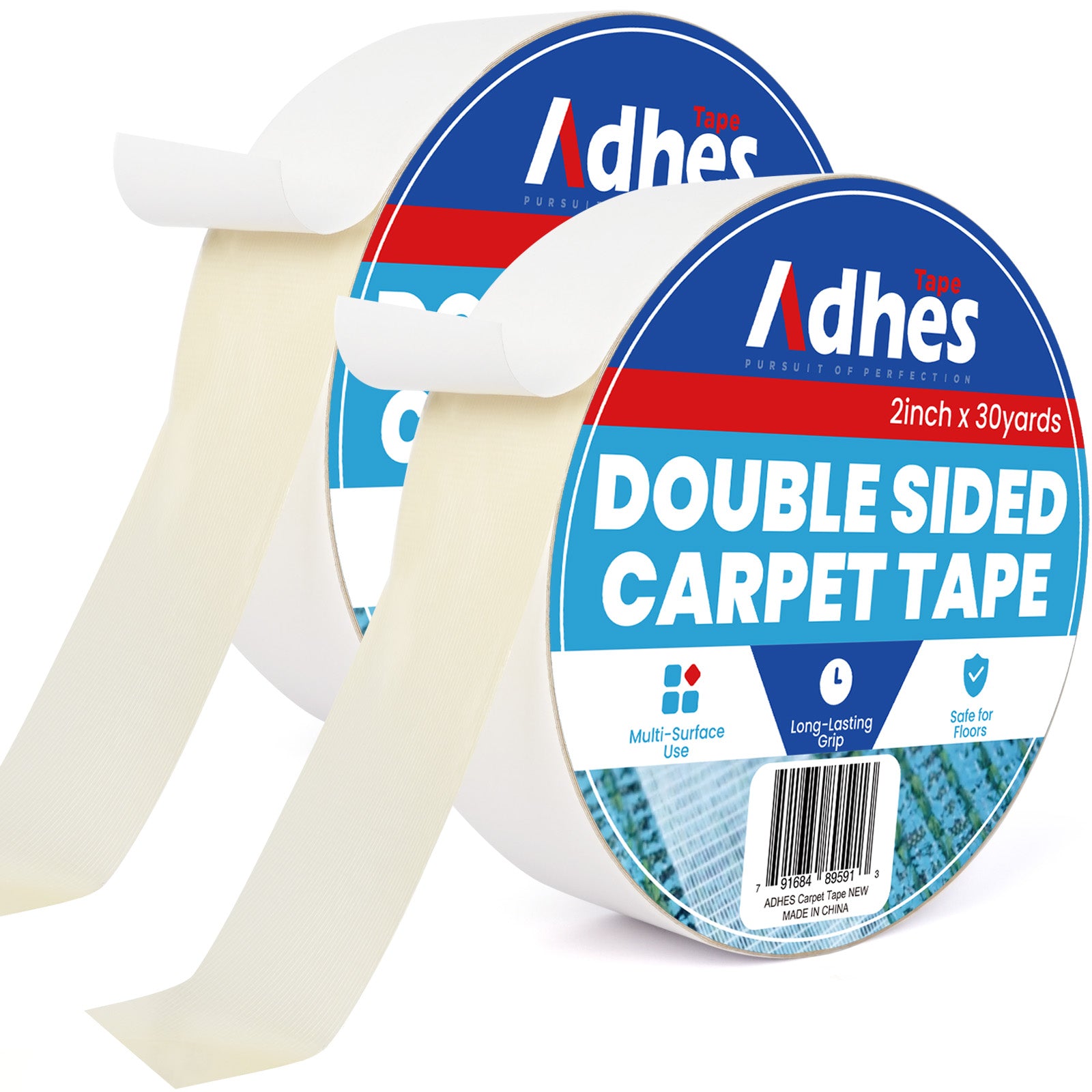 ADHES Double Sided Carpet Tape for Area Rugs – 2 Inch x 30 Yards x 2 Rolls, Heavy Duty Adhesive, Residue-Free, Rug Grippers for Hardwood Floors, Tile, and Carpeted Surfaces